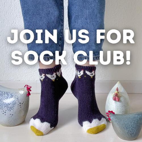Join us for Sock Club! Picture shows handknit socks featuring chicken and eggs Join us for Sock Club! Picture shows handknit socks featuring chicken and eggs
