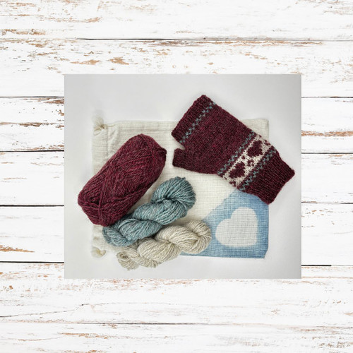 Heart Warming Mitts Kit, colorway Rose, shown with a completed mitt Heart Warming Mitts Kit, colorway Rose, shown with a completed mitt