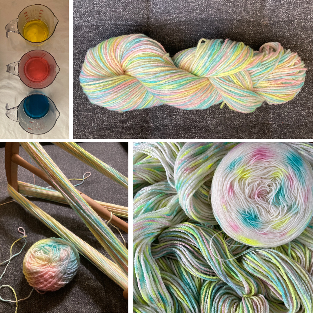 A collage of images from yarn cake dyeing workshop: pitchers of dye, yarn on a niddy noddy, a skein of colorful hand-dyed yarn, hand-dyed yarn in a cake and in a hank.