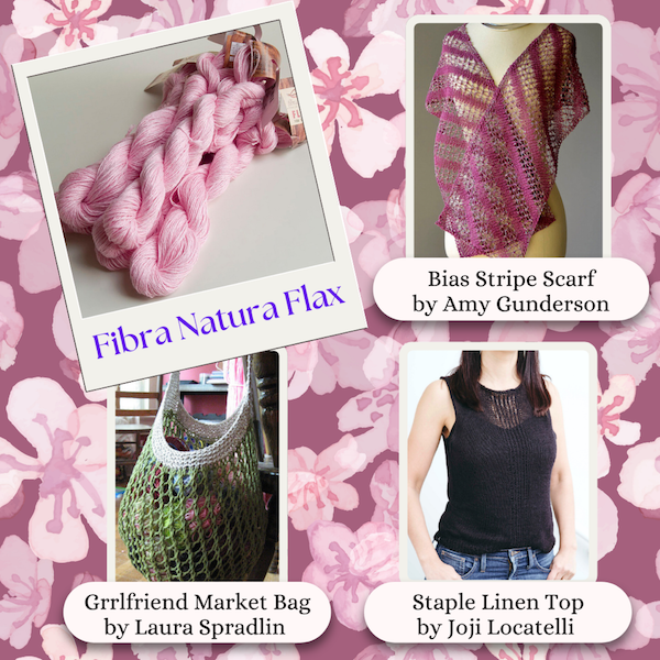 Fibra Natura Flax, pictured in pink. Samples shown are: Bias Stripe Scarf by Amy Gunderson, Grrlfriend Market Bag by Laura Spradlin, Staple Linen Top by Joji Locatelli