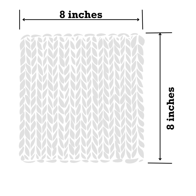 Image shows a knit gauge swatch that is 8 inches by 8 inches.
