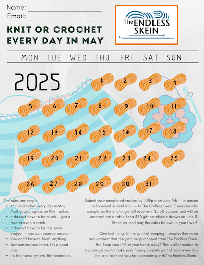 Knit or Crochet Every Day in May challenge check-off sheet from The Endless Skein