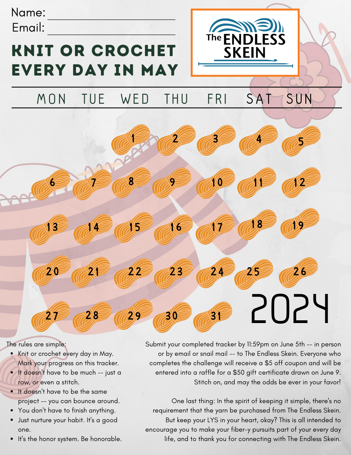 Knit or Crochet Every Day in May challenge check-off sheet from The Endless Skein