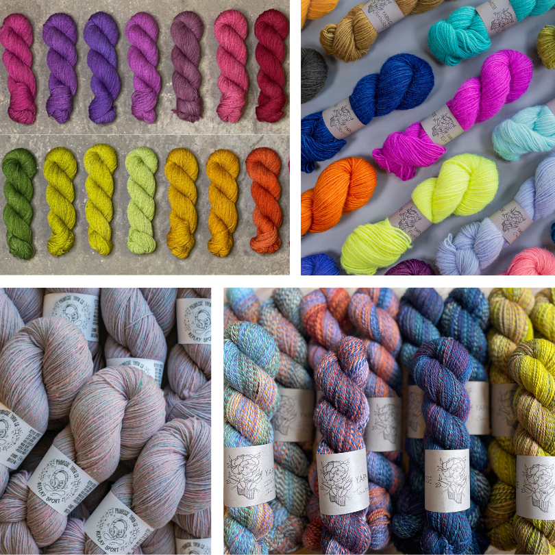 Collage of yarn from Primrose Yarn Co.: Roan DK, Cria DK, Replay Sport, Homestead Sport