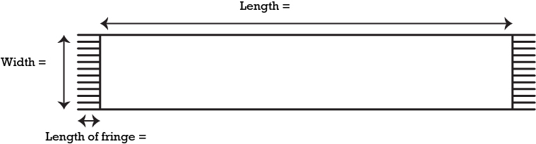 Image shows a schematic of a scarf, with Length, Width, and Length of Fringe dimensions labeled.