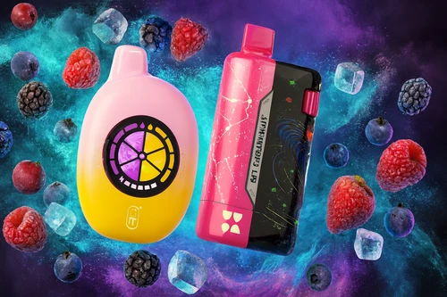 The photo shows two colorful vape devices set against a cosmic-inspired background filled with floating berries and ice cubes. On the left is an oval-shaped device with a pink and yellow gradient, featuring a circular design that resembles a citrus slice. On the right is a rectangular device with a pink and black abstract pattern and a metallic label reading “SMARTDROP LP.” The swirling blue and purple hues in the backdrop, combined with the fruits and ice, create a futuristic and vibrant atmosphere that highlights the fruity and refreshing flavors associated with the products.