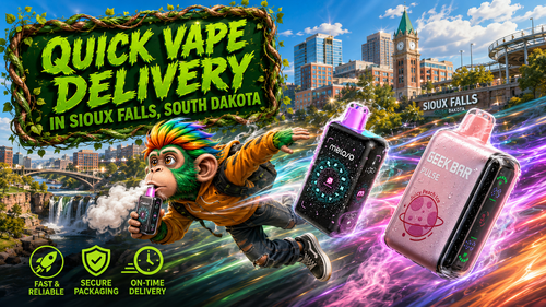 A vibrant promotional banner featuring fast vape delivery in Sioux Falls, South Dakota. The image showcases two premium disposable vapes surrounded by colorful energy trails and water droplets as they speed across the city skyline. A flying cartoon mascot holds a vape device while iconic Sioux Falls landmarks, including Falls Park and the downtown skyline, create the background. The bold green headline highlights quick vape delivery, complemented by icons representing fast and reliable service, secure packaging, and on-time shipping.