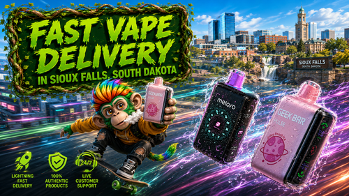A colorful promotional banner for fast vape delivery in Sioux Falls, South Dakota, featuring premium Geek Bar Pulse and Meloso disposable vapes with realistic water droplets and glowing energy trails. A cheerful cartoon mascot rides a skateboard while holding a vape device, adding a fun sense of speed and excitement. The background showcases the iconic Falls Park waterfalls and the Sioux Falls skyline under a bright blue sky. Bold green typography highlights fast vape delivery, while service icons emphasize lightning-fast shipping, authentic products, and 24/7 customer support from Vapor Puffs.