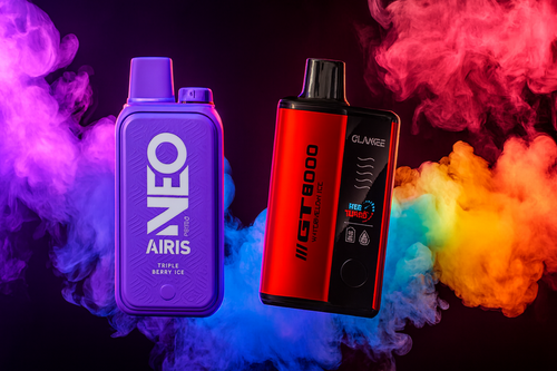 The photo shows two colorful vape devices set against a vibrant background of swirling multicolored smoke. On the left is a purple device labeled “NEO AIRIS TRIPLE BERRY ICE,” while on the right is a red and black device marked “GT 8000 WITH MELON ICE” and “GLAKEE,” with additional text such as “FREE TURBO” and icons highlighting features like USB-C, Mesh Coil, and Adjustable Airflow. The dynamic backdrop of purple, blue, red, orange, and yellow smoke creates a striking composition that emphasizes both the bold design and the variety of flavors offered.