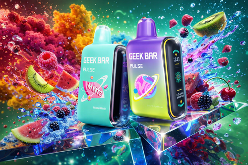 GEEK BAR Pulse Disposable Vapes with Vibrant Fruit Explosion An image of two disposable GEEK BAR Pulse vape devices, one light blue ("PepperMintz") and one gradient purple and yellow. They are resting on geometric glass surfaces amidst an explosion of colorful fruit juices and fresh fruit like raspberries, blackberries, watermelon, and kiwi. The background is a dense cloud of multi-colored smoke.