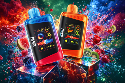 RAZ Vape Dual-Flavor Explosion: Watermelon Dragonfruit & Strawberry Kiwi on Display A vibrant, explosive product photograph featuring two RAZ brand vape devices. On the left, a device with a blue and red translucent casing represents Watermelon Dragonfruit, with watermelon slices and various mixed berries (raspberries, blackberries, cherries) in the background. Its digital screen shows detailed battery and wattage info. On the right, a translucent orange device represents Strawberry Kiwi, surrounded by kiwi slices, raspberries, and cherries. Its screen displays a "Boost Mode" spiral and info. Both devices rest on a cracked glass podium that glows with electric blue and fiery orange energy. The background is a dramatic swirl of colorful smoke (red, blue, green), sparkling juice splashes, and flying fruit. The overall style is dynamic and hyper-detailed, with text like "RAZ," "BOOST Mode," and "24W" clearly visible.