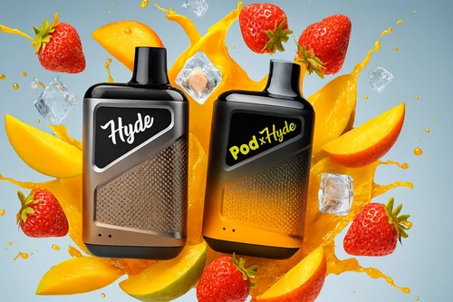 The photo shows two sleek vape devices branded “Hyde” and “Pod x Hyde,” placed against a vibrant backdrop of splashing mango juice, strawberries, mango slices, and ice cubes. Both devices feature a modern design with textured grips and black mouthpieces, with the left one labeled “Hyde” in white script and the right marked “Pod x Hyde” in yellow text. The dynamic composition of fruits, juice, and ice highlights a fruity, refreshing flavor theme, making the scene visually striking and energetic.