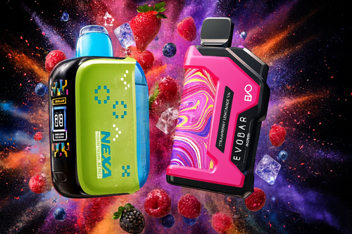 The photo shows two colorful vape devices set against a vibrant, cosmic-themed background filled with fruit, ice cubes, and bursts of color. The device on the left is green and black with a digital display, labeled “NEXA” and “SOUR BLUE RAZZ 8000 PUFFS” along with “ADJUSTABLE AIRFLOW.” The device on the right is bright pink with a multicolored design, marked “EVOBAR” and “STRAWBERRY LEMONADE 5%,” also noting “6000 PUFFS.” Surrounding them are strawberries, raspberries, blueberries, blackberries, and ice cubes, creating a lively, fruity, and refreshing atmosphere that emphasizes bold flavors and modern design.
