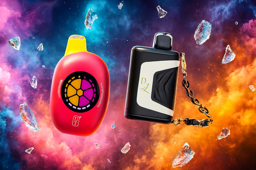 The photo shows two modern vape devices floating in a vibrant, cosmic-themed background filled with colorful nebula clouds and crystal-like fragments. The device on the left is red with a yellow mouthpiece and a circular design featuring orange and magenta segments, with the letters “UT” at the bottom. The device on the right is black with white and gold accents, marked with the letters “PZ” and a chain attached to its side. The surreal, space-inspired setting creates a futuristic and eye-catching atmosphere that emphasizes the bold design and appeal of the products.
