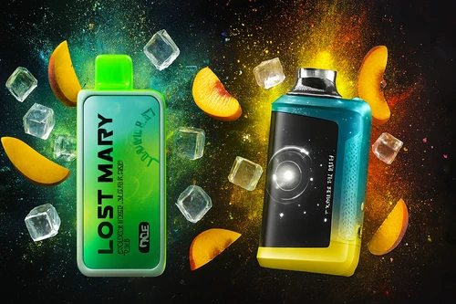 The photo shows two colorful vape devices set against a vibrant, cosmic-themed background filled with splashes of green, yellow, and orange. On the left is a sleek device labeled “LOST MARY” with the text “SOUR RAZE BM600,” featuring a green and blue gradient design. On the right is a futuristic-looking device with a black panel displaying a circular light pattern and the words “LIMITED EDITION,” combined with a blue and yellow gradient body. Surrounding them are peach slices and ice cubes, creating a dynamic, refreshing scene that emphasizes fruity flavors and bold modern design.