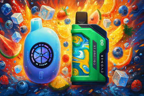 The photo shows two colorful vape devices set against a bold, explosive background filled with fruit and ice cubes. On the left is a rounded blue and purple pod-shaped device with a circular window design and the text “ME ENERG” and “COOL MINT.” On the right is a rectangular green and black device decorated with swirling blue, yellow, and white patterns, labeled “COOL MINT,” “EVOII-BR,” and “00.” Surrounding them are dynamic splashes of orange, red, and blue, along with floating strawberries, blueberries, watermelon slices, orange slices, pineapple chunks, and ice cubes, creating a lively, fruity, and refreshing atmosphere.