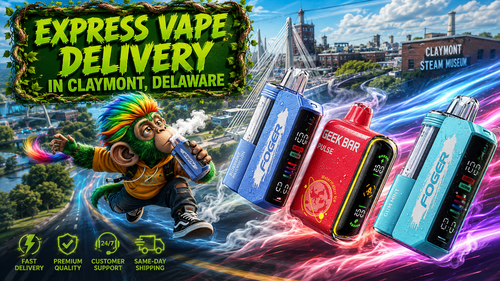 Express Vape Delivery in Claymont, Delaware | Fast Shipping by Vapor Puffs A vibrant promotional banner showcasing Express Vape Delivery in Claymont, Delaware. The image features a colorful cartoon monkey holding a disposable vape while flying through a futuristic cityscape inspired by Claymont landmarks. Three premium disposable vapes with water droplets race through glowing neon smoke trails, highlighting fast shipping, premium quality, customer support, and reliable vape delivery service.
