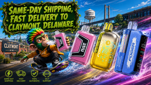 Same-Day Shipping & Fast Vape Delivery in Claymont, Delaware A vibrant promotional banner showcasing fast vape shipping and delivery services in Claymont, Delaware. A colorful monkey character rides a futuristic hoverboard while holding a pink disposable vape, surrounded by premium disposable vape devices with realistic water droplets and glowing energy trails. The background features recognizable Claymont landmarks, including the Claymont water tower and bridge, under a bright blue sky. A bold green vine-framed sign highlights "Same-Day Shipping, Fast Delivery to Claymont, Delaware," while service icons emphasize same-day shipping, fast delivery, authentic products, and 24/7 customer support.