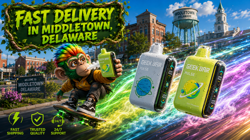 Fast Vape Delivery in Middletown, Delaware Colorful promotional banner featuring Geek Bar Pulse disposable vapes with dynamic energy trails, a cartoon character riding a skateboard while holding a vape device, and recognizable Middletown, Delaware landmarks in the background. The image highlights fast vape delivery in Middletown, DE, showcasing reliable shipping, trusted quality, and 24/7 customer support.