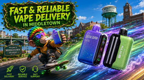 Fast & Reliable Vape Delivery in Middletown Eye-catching promotional banner featuring Geek Bar Pulse and Pulse X disposable vapes with colorful energy trails, a skateboard-riding cartoon character holding a vape, and iconic Middletown, Delaware landmarks in the background. The design promotes fast and reliable vape delivery in Middletown, DE, highlighting premium disposable vapes, dependable shipping, and outstanding customer support.
