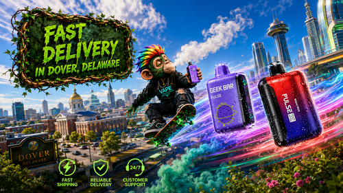 Fast Vape Delivery in Dover, Delaware – Geek Bar Disposable Vapes A vibrant promotional illustration showcasing Geek Bar Pulse X disposable vapes with realistic water droplets racing through a futuristic Dover, Delaware cityscape. A colorful skateboard-riding mascot holds a vape device while neon energy trails and smoke emphasize speed, with recognizable Dover landmarks blended into the dynamic background. The banner highlights fast vape shipping, dependable online service, and a wide selection of premium disposable vapes available for customers in Dover, DE.