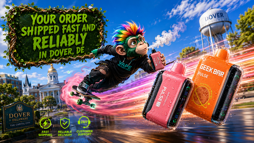 Fast Vape Delivery in Dover, DE – Premium Disposable Vapes Online A colorful promotional banner featuring premium disposable Geek Bar Pulse X vapes with water droplets speeding through the streets of Dover, Delaware. A vibrant skateboard-riding mascot holds a vape device while dynamic light trails highlight fast shipping, with recognizable Dover landmarks, the Capitol area, and the city's water tower in the background. The artwork promotes reliable vape delivery, same-day order shipping, and convenient online shopping for customers in Dover, DE.
