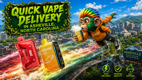 A colorful promotional banner advertising quick vape delivery in Asheville, North Carolina. The artwork features a vibrant monkey character flying over Asheville's skyline while holding a Geek Bar disposable vape. Two premium disposable vapes from RAZ and Geek Bar race through the city with glowing energy trails, smoke effects, and realistic water droplets. The background showcases the Blue Ridge Mountains, recognizable Asheville landmarks, and service icons highlighting fast delivery, trusted quality, and 24/7 customer support.