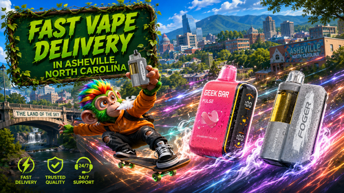 A vibrant promotional banner featuring fast vape delivery in Asheville, North Carolina. The image shows a colorful character riding a skateboard through a futuristic city scene while holding a vape, with large Geek Bar and Foger disposable vapes surrounded by water droplets, glowing energy trails, and smoke. Asheville&rsquo;s skyline, mountain scenery, local landmarks, and service icons for fast delivery, trusted quality, and 24/7 support appear in the background.
