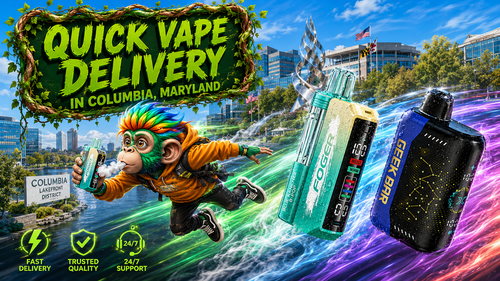 A vibrant promotional banner featuring quick vape delivery in Columbia, Maryland. The image showcases two premium disposable vapes with water droplets, a colorful flying mascot holding a vape, and iconic Columbia landmarks in the background, highlighted by dynamic energy trails. Bright green typography and service icons emphasize fast shipping, trusted quality, and 24/7 customer support for an online vape shop serving Columbia, MD.