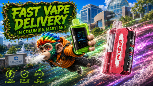 A colorful promotional banner showcasing fast vape delivery in Columbia, Maryland, with two premium disposable vape devices featuring realistic water droplets and vibrant energy trails. A dynamic flying mascot holds a vape while iconic Columbia landmarks, including the Columbia Lakefront and The Mall in Columbia, create a recognizable city backdrop. Bold green typography and service icons highlight fast shipping, trusted quality, and 24/7 support for an online vape shop serving customers across Columbia, MD.