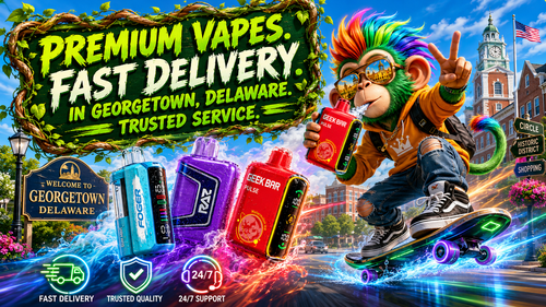 Colorful promotional artwork featuring premium disposable vapes flying through the streets of Georgetown, Delaware with vibrant smoke and energy trails. A futuristic monkey character rides a glowing skateboard while holding a Geek Bar Pulse device, with the Georgetown welcome sign, historic courthouse, and downtown landmarks in the background. The banner highlights premium vape delivery, trusted service, fast shipping, and a wide selection of disposable vapes available through an online vape shop serving Georgetown, DE.