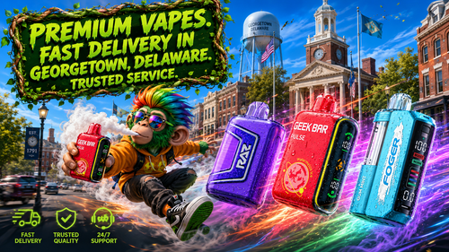 Dynamic promotional banner featuring premium disposable vapes soaring through downtown Georgetown, Delaware with colorful energy trails and water droplets. A vibrant monkey character holds a Geek Bar Pulse vape while flying through the historic cityscape, with the Georgetown water tower, courthouse, and downtown landmarks in the background. The image promotes premium vape delivery, trusted service, fast shipping, and a wide selection of disposable vapes available from an online vape shop serving Georgetown, DE.