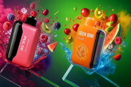A high-impact promotional graphic featuring two sleek Geek Bar Pulse devices&mdash;the "Pulse X" and the standard "Pulse"&mdash;displayed as if floating in a vibrant, futuristic void. The devices are positioned atop glowing, translucent glass pedestals that reflect the intense neon lighting of the scene. The background is a dramatic "fire and ice" composition, filled with explosive splashes of water, colorful smoke clouds, and an array of hyper-realistic flying fruits, including watermelon slices, kiwis, strawberries, and blackberries. Each device features a high-tech side-panel LED display and planetary motifs, creating a premium, cosmic aesthetic that emphasizes an intense and refreshing sensory experience.