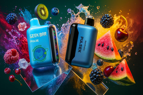 A dynamic and high-energy promotional graphic featuring two models of the Geek Bar series&mdash;the Pulse and the Pulse X. The devices are showcased in a high-contrast, "cosmic" setting, resting on glowing geometric glass pedestals. The scene is filled with a cinematic explosion of elements, including swirling multi-colored smoke, ice crystals, and hyper-realistic flying fruit such as watermelon wedges, kiwi slices, strawberries, and blackberries. Each device features a sleek, integrated LED display and bold planetary branding, all set against a vibrant background that transitions between fiery oranges and deep, electric blues to emphasize a powerful and refreshing flavor experience.