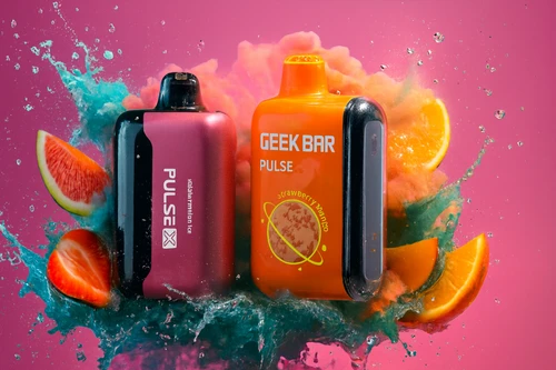 Frost & Fire: Geek Bar Pulse X & Pulse Minty Berry Blast A high-energy promotional graphic featuring two devices: a metallic bronze Pulse X and a turquoise Geek Bar Pulse in "PepperMintz" flavor. The vapes are positioned on sharp, crystalline ice shards with a dynamic water splash. The scene is surrounded by fresh raspberries, blackberries, and cherries frozen in mid-air. The background features a dramatic "fire and ice" aesthetic, contrasting warm orange nebula clouds with cool cyan splashes to emphasize a refreshing yet intense flavor experience.