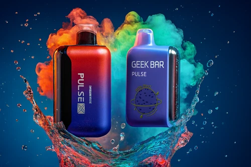 Frost & Fire: Geek Bar Pulse X & Pulse Minty Berry Blast A high-energy promotional graphic featuring two devices: a metallic bronze Pulse X and a turquoise Geek Bar Pulse in "PepperMintz" flavor. The vapes are positioned on sharp, crystalline ice shards with a dynamic water splash. The scene is surrounded by fresh raspberries, blackberries, and cherries frozen in mid-air. The background features a dramatic "fire and ice" aesthetic, contrasting warm orange nebula clouds with cool cyan splashes to emphasize a refreshing yet intense flavor experience.