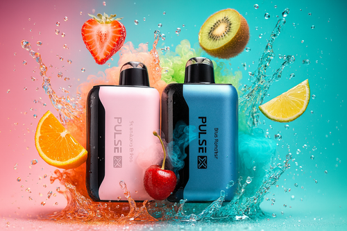 Frost & Fire: Geek Bar Pulse X & Pulse Minty Berry Fusion A high-impact promotional graphic featuring two disposable vapes: a metallic bronze Pulse X and a turquoise Geek Bar Pulse in "PepperMintz" flavor. The devices are set atop sharp, crystalline ice shards with a dynamic water splash. Fresh raspberries, blackberries, and cherries are frozen in mid-air, emphasizing a cool and fruity profile. The background utilizes a striking contrast of fiery orange and cool cyan nebulae, creating a "fire and ice" aesthetic that highlights the intensity and refreshing nature of the products.