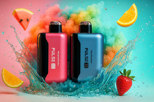 Arctic Fire: Geek Bar Pulse X & Pulse Minty Berry Fusion A high-impact promotional visual featuring two disposable vapes: a metallic bronze Pulse X and a turquoise Geek Bar Pulse in "PepperMintz" flavor. The devices are set atop sharp, crystalline ice shards with a dynamic water splash. Fresh raspberries, blackberries, and cherries are frozen in mid-air, emphasizing a cool and fruity profile. The background utilizes a striking contrast of fiery orange and cool cyan nebulae, creating a "fire and ice" aesthetic that highlights the intensity and refreshing nature of the products.