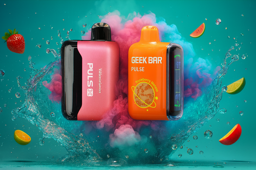 A high-energy promotional graphic featuring two disposable vapes: a metallic bronze Pulse X and a turquoise Geek Bar Pulse in "PepperMintz" flavor. The devices are set atop sharp, crystalline ice shards amidst a dynamic splash of water. Fresh raspberries, blackberries, and cherries are captured in mid-air, emphasizing a cool and fruity flavor profile. The background features a striking contrast of fiery orange and cool cyan nebulae, creating a "fire and ice" aesthetic that highlights the intensity of the products.