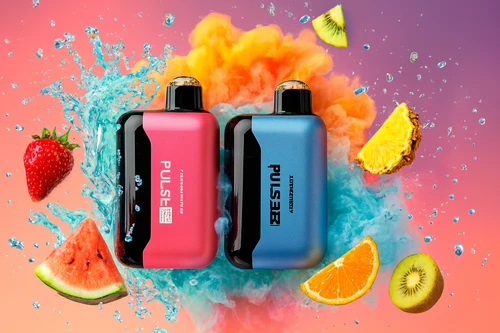 Fruit Fusion: Geek Bar Pulse Dual Flavor Blast A vibrant promotional image featuring two Geek Bar Pulse devices, one in a matte pink finish and the other in a metallic blue. The vapes are set against a gradient background of sunset orange and soft purple, surrounded by a dynamic explosion of colorful elements. To the left, a bright turquoise water splash features a whole strawberry and a triangular watermelon slice. To the right, a swirling cloud of orange and blue vapor is accompanied by floating pieces of tropical fruit, including a pineapple wedge, an orange slice, and halved kiwis. The composition creates a refreshing and energetic atmosphere that highlights a multifaceted fruit flavor experience.