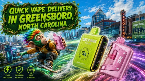 A vibrant promotional banner for Vapor Puffs showcasing quick vape delivery in Greensboro, North Carolina. The artwork features colorful disposable vapes with realistic water droplets flying through a futuristic cityscape with glowing energy trails, while a playful skateboard-riding character enjoys a vape. Greensboro landmarks appear in the background beneath a bright daytime sky, with bold green typography and service icons highlighting fast shipping, trusted quality, and 24/7 customer support.