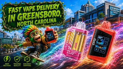 A vibrant promotional banner for Vapor Puffs featuring fast vape delivery in Greensboro, North Carolina. Colorful disposable vapes with water droplets race through the city on glowing energy trails, while a cheerful character rides a skateboard holding a premium vape device. The background showcases recognizable Greensboro landmarks under a bright blue sky, complemented by bold green typography and service icons highlighting fast delivery, trusted quality, and discreet shipping.