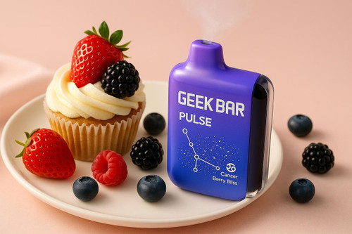 The image features a cupcake topped with berries alongside a purple vaping device labeled "GEEK BAR PULSE," emitting a wisp of vapor. The blend of dessert and modern aesthetics creates a stylish contrast.