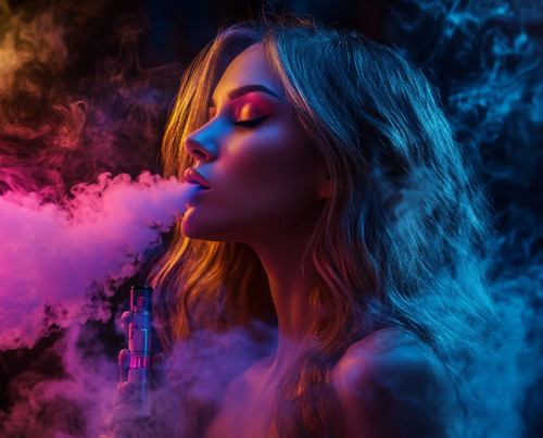 The image shows a person with long hair using a vape device. Their face is obscured by a blurred rectangle, maintaining privacy and drawing attention to the composition. The background is dark, illuminated by colorful smoke clouds in vibrant hues of pink, purple, and blue. This striking interplay of light and colors, combined with the dramatic swirls of vapor, creates a visually captivating and modern aesthetic.