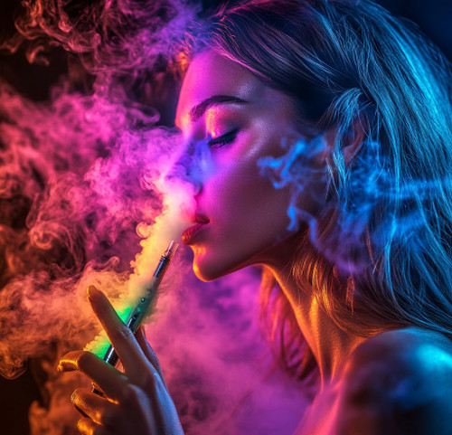 The image captures a person holding a vape device, enveloped in a swirling cloud of vibrant smoke. The smoke is illuminated with striking hues of pink, purple, and blue, creating a dramatic and colorful effect. The person’s face is partially obscured by the thick vapor and creative lighting, adding an air of mystery. The artistic interplay of light and smoke results in a visually captivating composition, blending modern technology with an atmospheric, almost ethereal vibe.