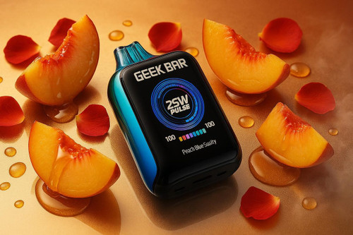 A sleek black and blue "GEEK BAR" vaping device, displaying "25W PULSE" and "Peach Blue Slushy" flavor, is centered on a golden-hued surface. It is surrounded by several juicy peach slices and delicate red rose petals, with scattered drops of liquid suggesting nectar or condensation. The warm lighting and rich colors evoke a sweet and fragrant fruit experience.