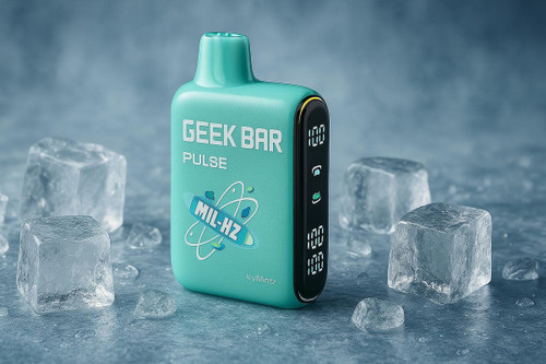 The image showcases a **Geek Bar Pulse** vaping device in a **teal color**, labeled **"Icy Mintz."** The device features a **digital display showing "100"** along with icons likely indicating battery and usage status. A distinctive **atomic structure graphic with "MIL-HZ"** adds a futuristic touch. Surrounding the device, **ice cubes on a frosty surface** reinforce the icy, refreshing theme of the flavor.