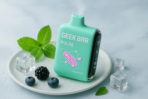 The image features a **Geek Bar Pulse** vaping device labeled **"Icy Mintz."** It has a sleek teal design with a **digital display showing "100"** alongside battery and usage icons. A futuristic **atomic structure graphic with "MIL-HZ"** adds a unique touch. Surrounding the device, **ice cubes on a frosty surface** emphasize its cool, refreshing theme.