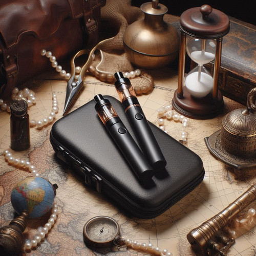 The image showcases a collection of various objects arranged on a vintage-style map. At the center are two black vape pens with copper accents, placed on top of a black leather case. Surrounding these items are vintage scissors, a small globe, a compass, a pocket watch, a string of pearls, an hourglass, a brass vase, and a leather bag. The scene evokes a sense of exploration and adventure, with the map and antique items suggesting a theme of travel or discovery. The modern design of the vape pens contrasts with the antique aesthetic of the other objects, making them stand out in the arrangement.