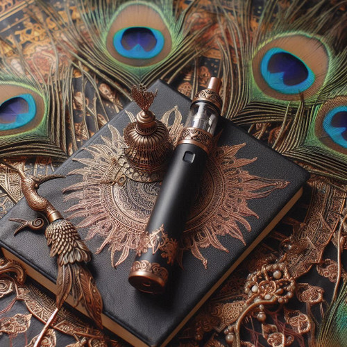 The image shows a collection of ornate objects arranged on a richly decorated surface. At the center is a black and gold vape pen with intricate designs, placed on top of a black notebook with a golden sun-like pattern on the cover. Surrounding the notebook are several peacock feathers with vibrant blue and green eyespots. There are also two metallic bird-shaped objects with elaborate detailing, and a small, intricately designed metallic container with a decorative lid. The overall composition is visually striking due to the combination of luxurious textures, detailed craftsmanship, and vibrant colors.